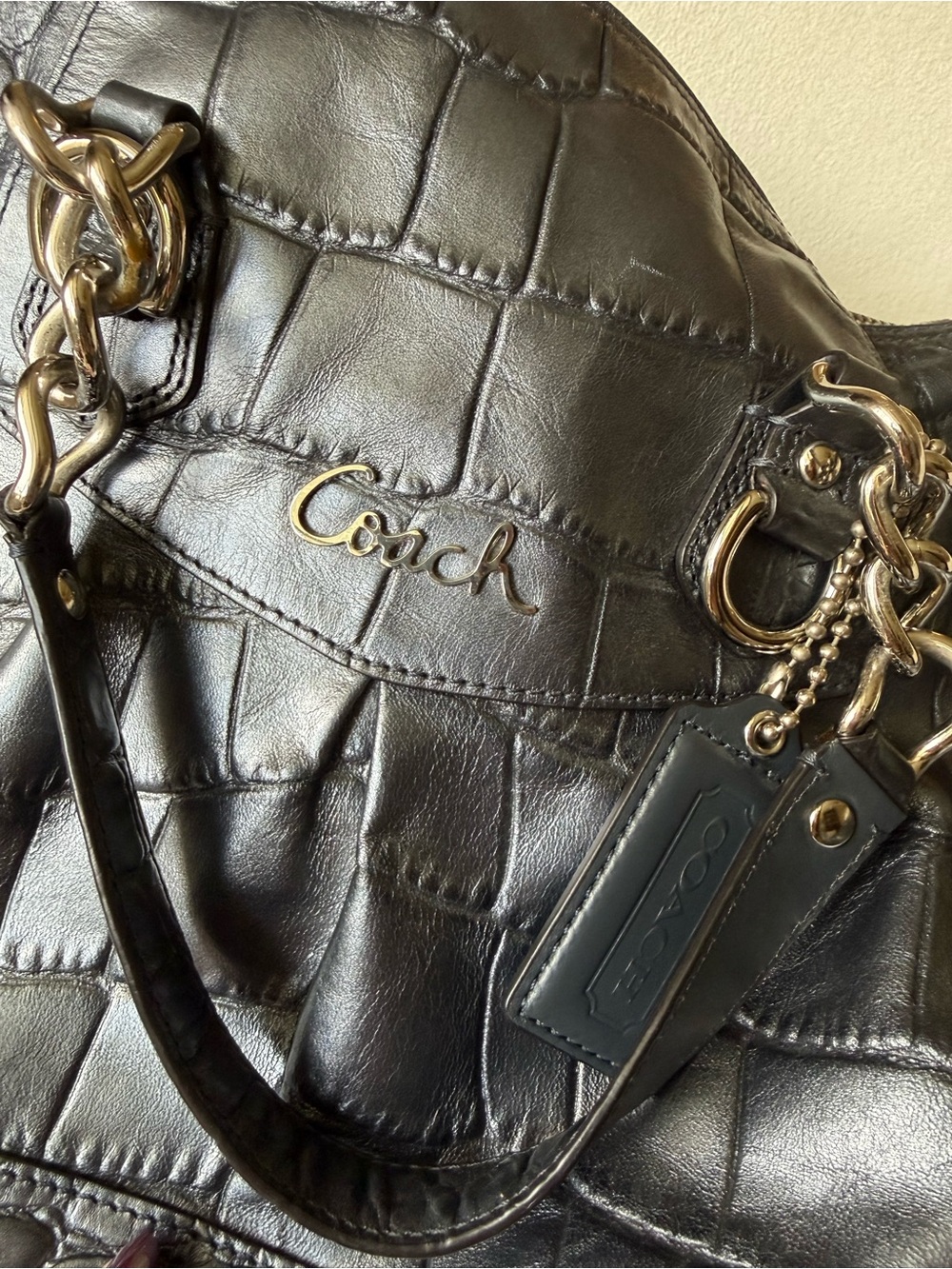 Coach Ashley Croc-Embossed Leather Shoulder Bag with Chain Straps - Picture 7 of 8